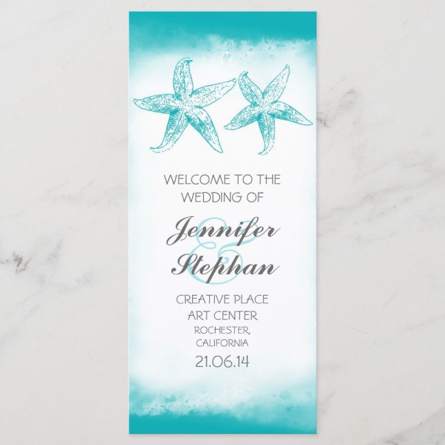aqua blue starfish couple beach wedding programs programme (Front)