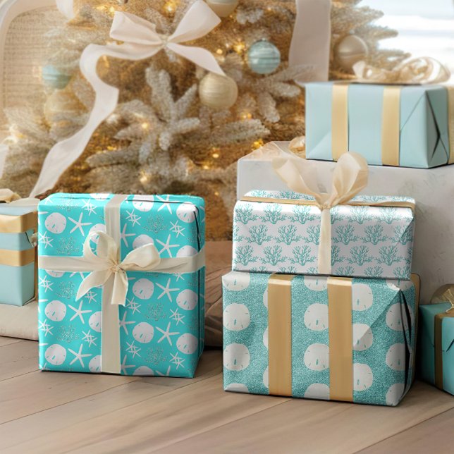 Aqua Blue Starfish Sand Dollar Christmas Wrapping Paper Sheet (Creator Uploaded)