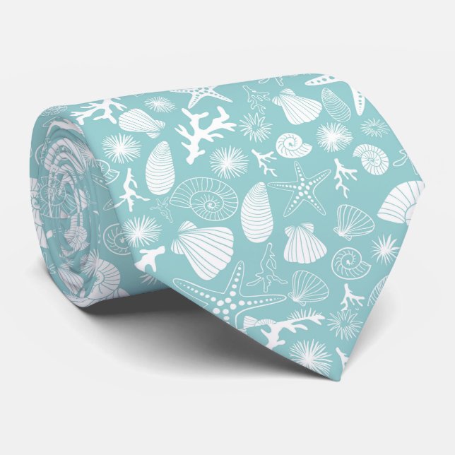 Aqua Blue Starfish Seashell and Ocean Sealife Tie (Rolled)