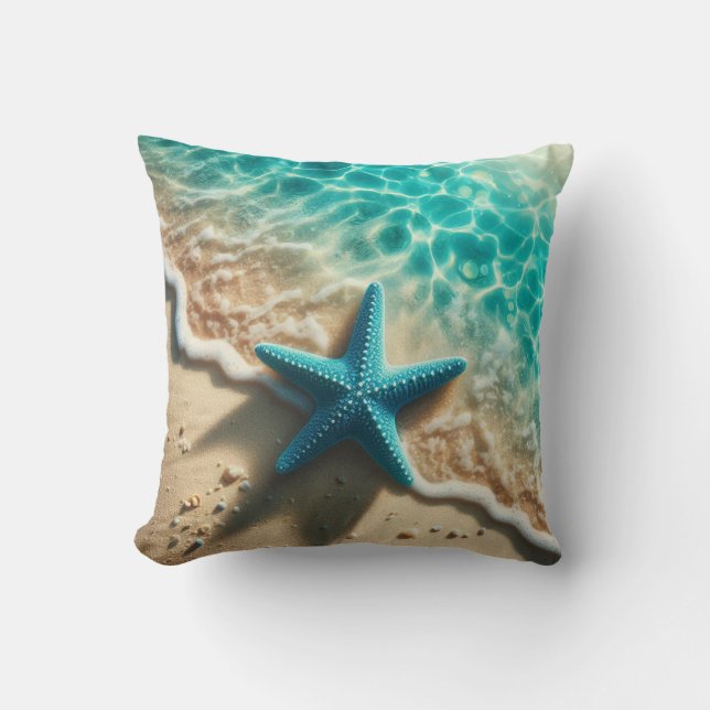 Aqua Blue Starfish Seashell Tropical Beach Ocean Cushion (Front)