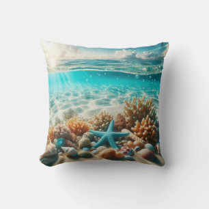 Aqua Blue Starfish Seashell Tropical Beachy Cushion