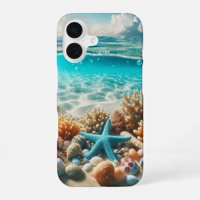 Aqua Blue Starfish Seashells Ocean Beach iPhone 16 Case (Back)
