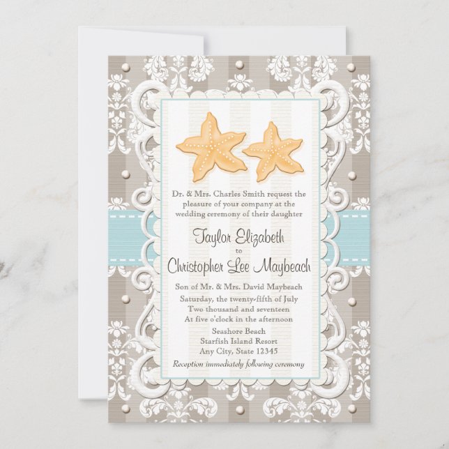 Aqua Blue Starfish Wedding Invitations (Front)