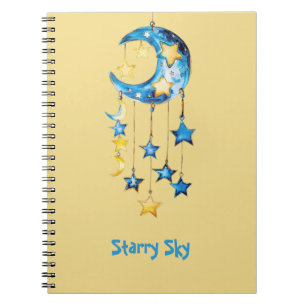 Aqua Blue Starry Sky Yellow Stars Moons Notebook