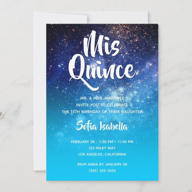 Aqua Blue Stars Cosmic Ombre Mis Quince Birthday Invitation (Front)