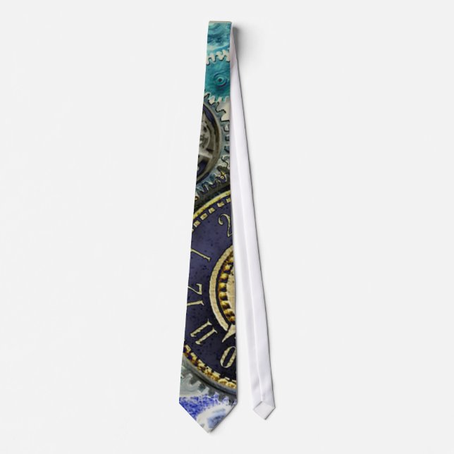 Aqua, Blue steampunk print tie, gears, cogs, clock Tie (Front)