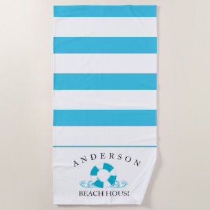 Aqua Blue Stripe Personalised Beach House Towel