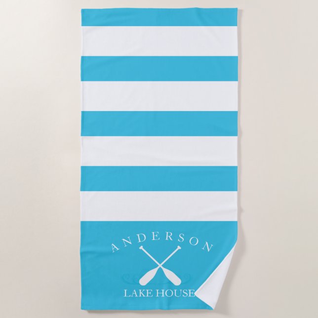 Aqua Blue Stripe Personalised Lake House Beach Towel (Front)