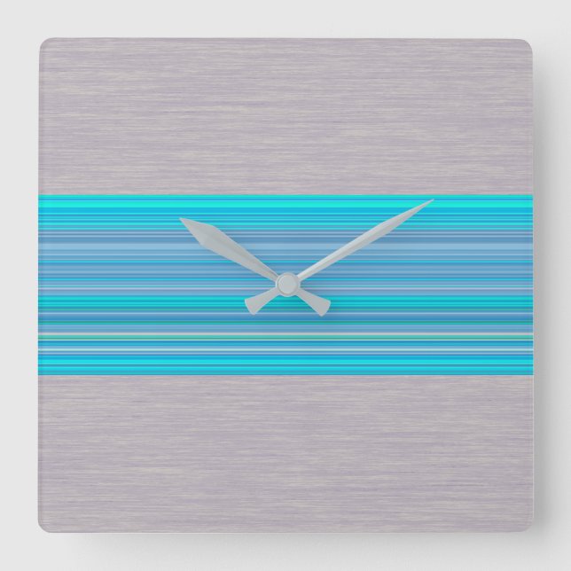 Aqua Blue Striped Pattern on Silver Grey Square Wall Clock (Front)