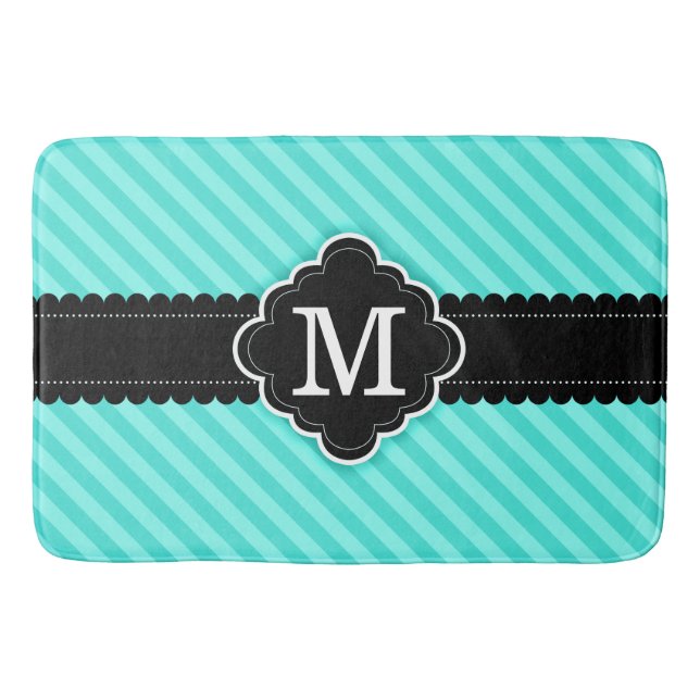 Aqua Blue Stripes Pattern Black Custom Monogram Bath Mat (Front)
