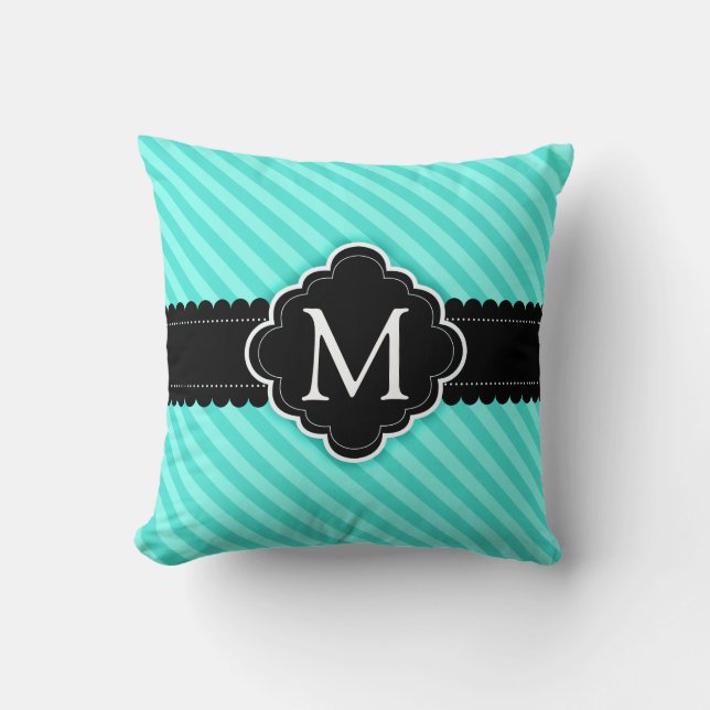 Aqua Blue Stripes Pattern Black Custom Monogram Cushion (Front)