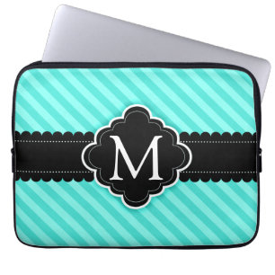 Aqua Blue Stripes Pattern Black Custom Monogram Laptop Sleeve