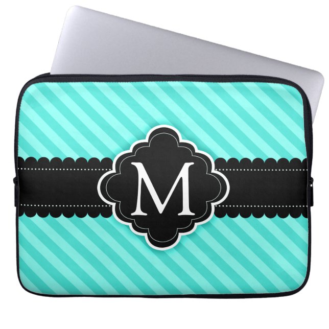 Aqua Blue Stripes Pattern Black Custom Monogram Laptop Sleeve (Front)