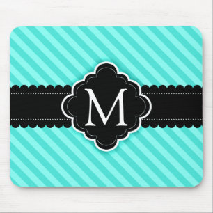 Aqua Blue Stripes Pattern Black Custom Monogram Mouse Mat