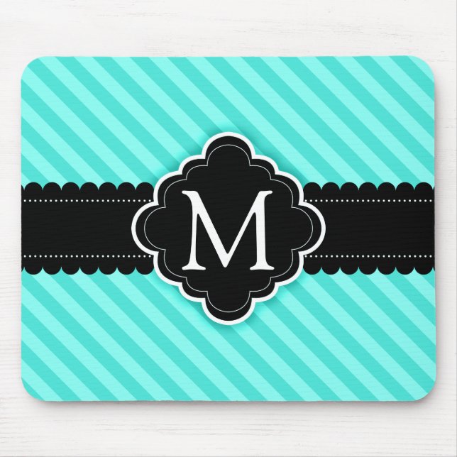 Aqua Blue Stripes Pattern Black Custom Monogram Mouse Mat (Front)
