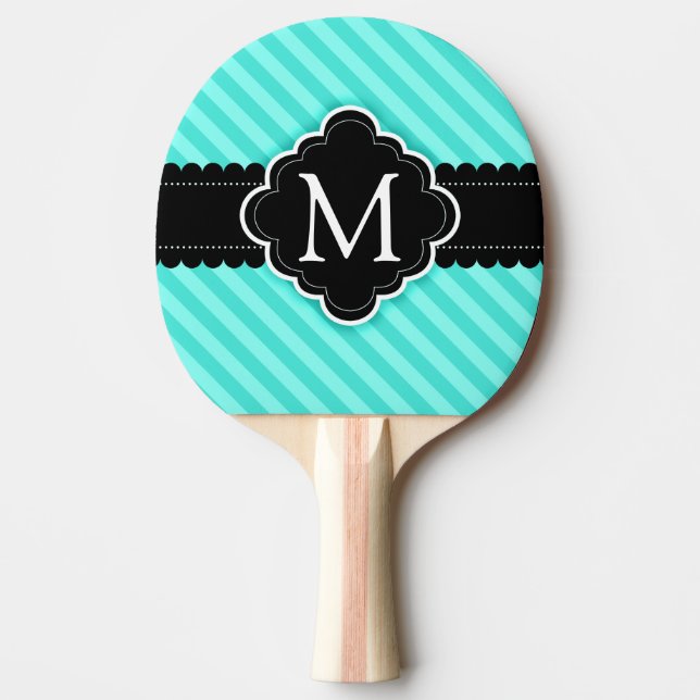 Aqua Blue Stripes Pattern Black Custom Monogram Ping Pong Paddle (Front)
