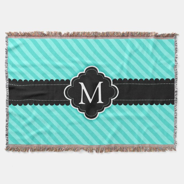 Aqua Blue Stripes Pattern Black Custom Monogram Throw Blanket (Front)