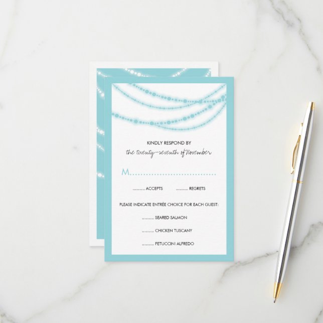 Aqua Blue Stylish Sparkling Lights Classy Wedding RSVP Card (Front/Back In Situ)