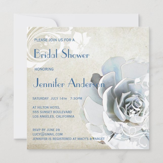 Aqua Blue Succulent Modern Chic Bridal Shower Invitation (Front)
