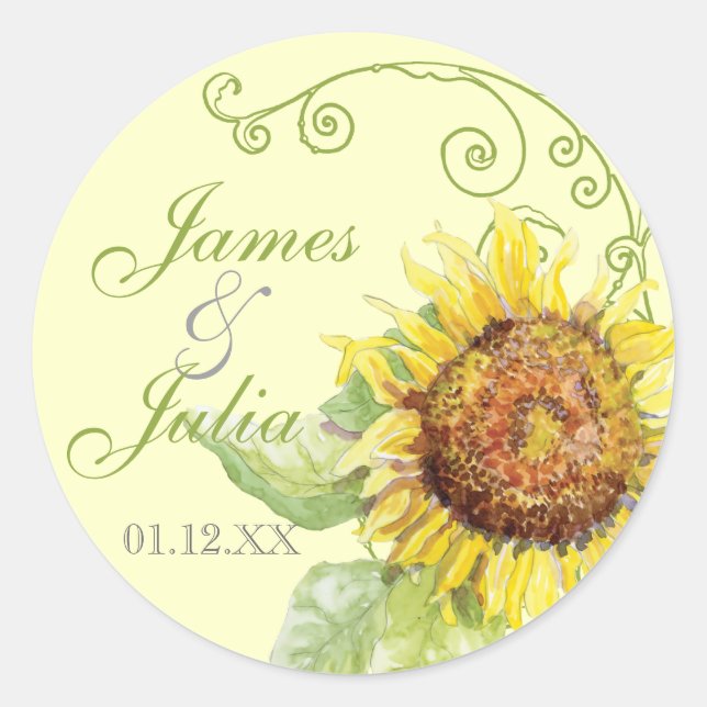 Aqua Blue Sunflower Floral Swirl Modern Wedding Classic Round Sticker (Front)