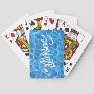 Aqua Blue Swimming Pool Brush Script Personalised Playing Cards