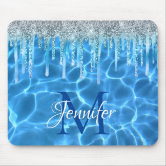 Aqua Blue Swimming Pool Glitter Drip Monogram Mouse Mat