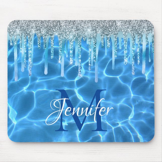 Aqua Blue Swimming Pool Glitter Drip Monogram Mouse Mat (Front)
