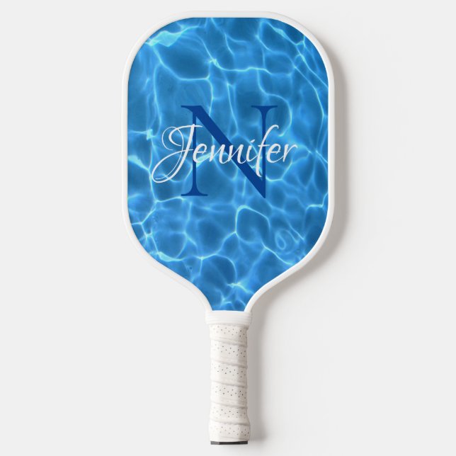 Aqua Blue Swimming Pool Monogrammed Pickleball Paddle (Front)