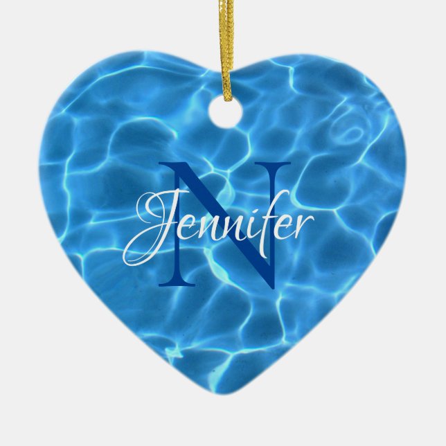 Aqua Blue Swimming Pool Photo Monogram Ceramic Tree Decoration (Front)
