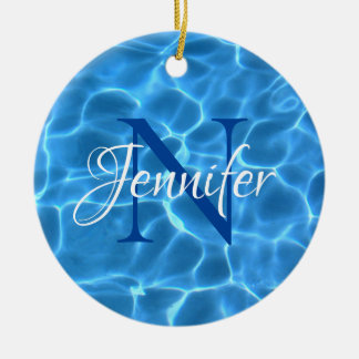 Aqua Blue Swimming Pool Photo Monogram Ceramic Tree Decoration