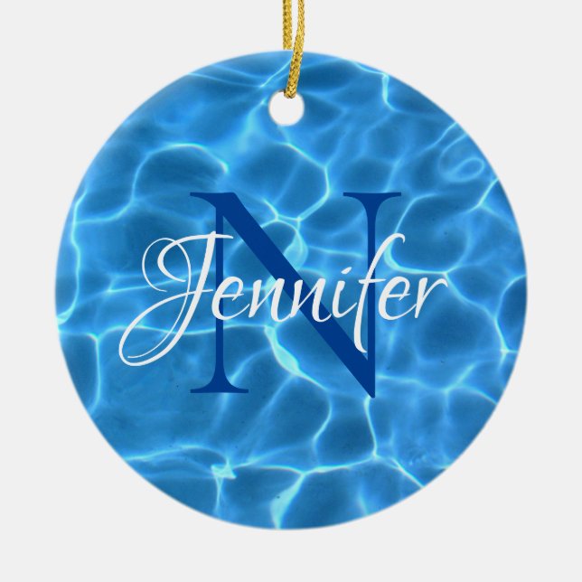Aqua Blue Swimming Pool Photo Monogram Ceramic Tree Decoration (Front)