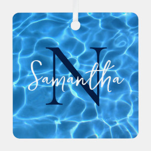 Aqua Blue Swimming Pool Photo Monogrammed Metal Tree Decoration