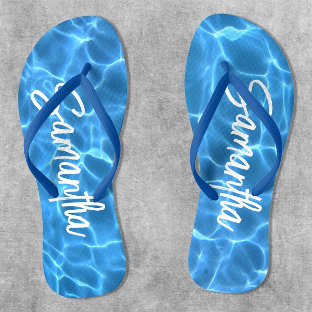 Aqua Blue Swimming Pool Photo Personalised Flip Flops (Personalized Swimming Pool Water Flip Flops for Her)