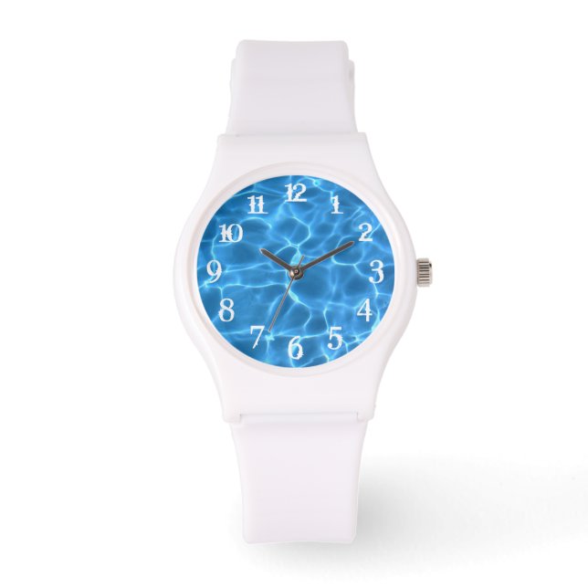 Aqua Blue Swimming Pool Photo White Splash Numbers Watch (Front)