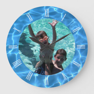 Aqua Blue Swimming Pool Summer Vacation Photo Large Clock