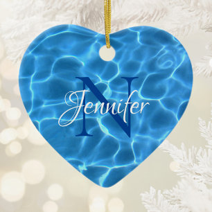 Aqua Blue Swimming Pool Water Photo Monogrammed Ceramic Tree Decoration
