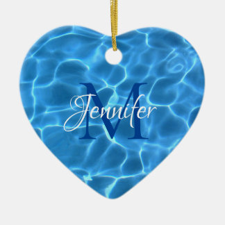 Aqua Blue Swimming Pool Water Photo Monogrammed Ceramic Tree Decoration