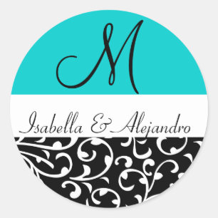 Aqua Blue Swirl Damask Monogram Wedding Stickers