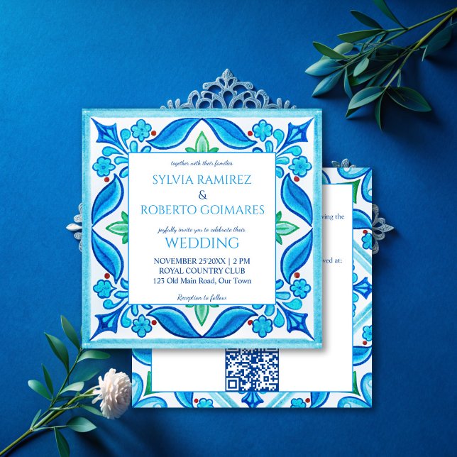 Aqua Blue Talavera tiles all in one wedding Invitation (Aqua Blue Talavera tiles all in one wedding Invitations with RSVP vintage Mexican wedding cards)
