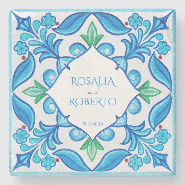 Aqua Blue Talavera tiles monogrammed wedding favou Stone Coaster (Front)