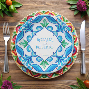 Aqua Blue Talavera tiles monogrammed wedding Paper Plate