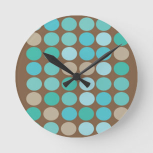 Aqua Blue Teal & Brown Dots Pattern Modern Round Clock