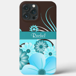 Aqua Blue Teal & Chocolate Brown Hibiscus Floral iPhone 13 Pro Max Case