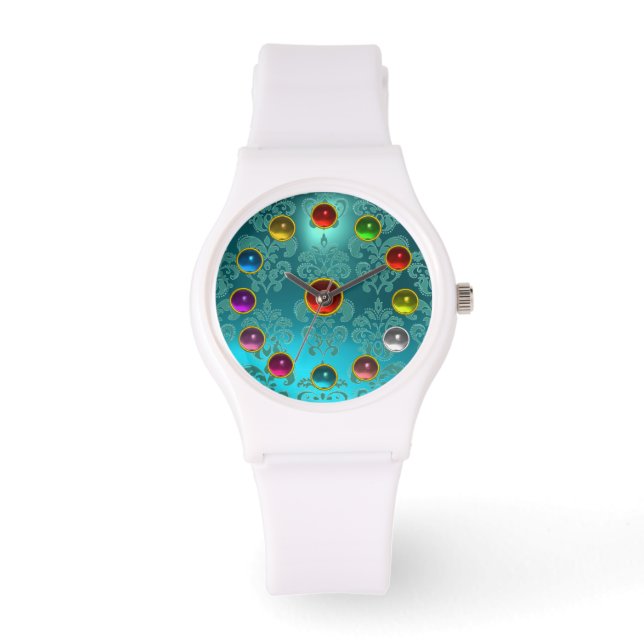 AQUA BLUE TEAL DAMASK AND 3D COLORFUL GEMSTONES WATCH (Front)