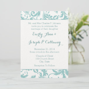 Aqua Blue Teal Floral Damask Wedding Invitation