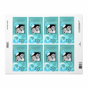 Aqua Blue Teal Floral Wedding Photo Favour Wine