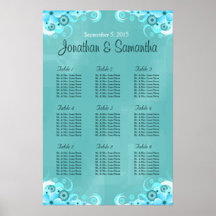 Aqua Blue Teal Floral Wedding Table Seating Charts