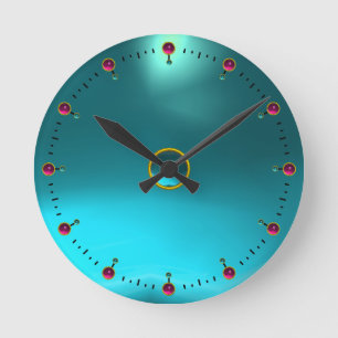 AQUA BLUE TEAL GEM STONE ROUND CLOCK