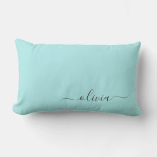 Aqua Blue Teal Girly Script Monogram Name Modern Lumbar Cushion