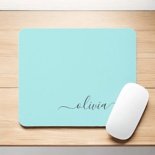Aqua Blue Teal Girly Script Monogram Name Modern Mouse Mat